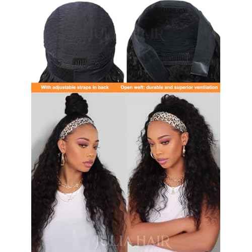 Julia Hair 12A Headband Human Hair Wigs Water Wave None Lace Front Glueless Wig With Pre-attached Scarf for Black Women Curly Deep Wave Put and Go Wig Natural Beginner-Friendly 18 Inch