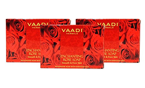 Vaadi Herbals Red Rose Petal Bar Soap with Honey and Aloe Vera Extracts - Handmade Herbal Soap with 100% Pure Essential Oils - ALL Natural - Each 2.65 Oz - Pack of 3 (8 Oz)