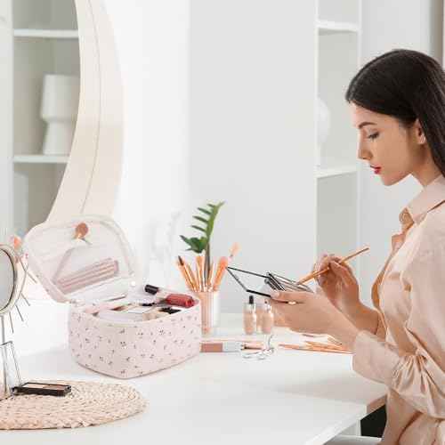 Prite Large Cosmetic Bags for Women Cute Makeup Bag Floral Coquette Aesthetic Toiletry Bag Travel Make Up Organizer Bag (Cherry)