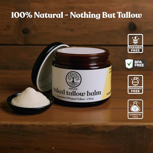 Beef Tallow Balm for Skin | NAKED TALLOW BALM | 1 Ingredient - 100% Grass Fed Tallow | Whole Body & Face Moisturizer | Whipped & UNSCENTED for Sensititve Dry Skin, Babies, Eczema, Psoriasis, Rosacea (2oz)