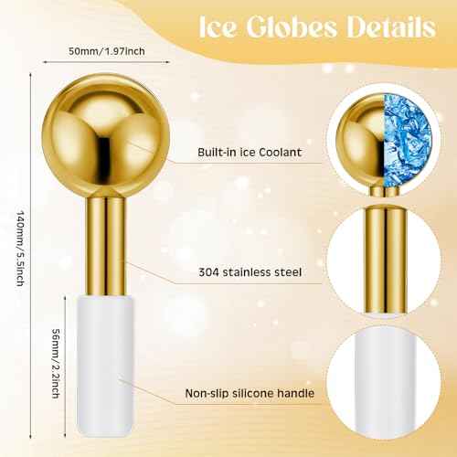 Baderke 2 Pcs Ice Globes for Face Stainless Steel Cooling Globes Unbreakable Cooling Roller Women Ice Balls Cryo Sticks Facials Skin Care for Dark Circles, Puffiness(Gold (White Handle))