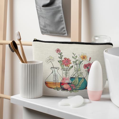 Science Teacher Gifts Makeup Bag - Floral Beakers Cosmetic Pouch