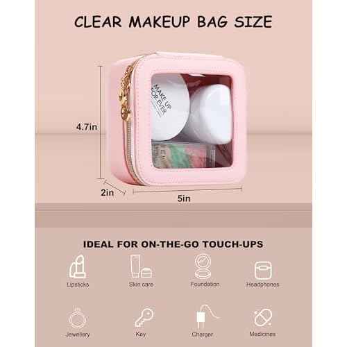 Small Clear Makeup Bag for Purse, Cute Mini Clear Cosmetic Bag Case Organizer, TSA Approved Square Small Makeup Case Pouch with Zipper, Car Travel Purse Essentials for Women (Pink, S)