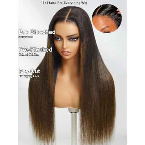 UNICE Yaki Straight 13x4 Lace Front Wigs Human Hair with Drawstring Pre Everything Glueless Frontal Human Hair Wig Pre Plucked Pre Cut Bleached Knots Chestnut Brown ombre Color 150% Density 10 inch