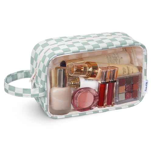 Narwey Clear Toiletry Bags for Traveling Women Men, Clear Travel Bags for Toiletries Makeup Bag Cosmetic Bag with Zipper, Make Up Organizer, Skincare Bag (Mint Green Checkerboard)