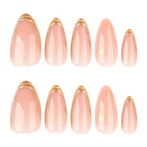 Press on Nails Almond Fake Nails with Gold Line Design Glue on Nails Acrylic Nails Glossy Full Cover Stick on Nails for Women 24Pcs