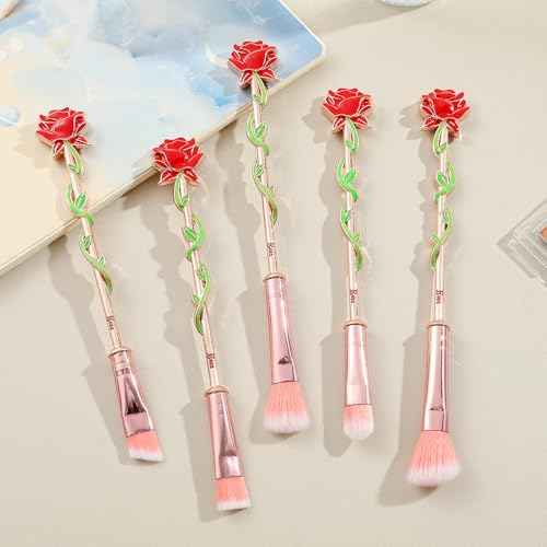 Rose Eye Makeup Brush Set - 5pcs Metal Wand Makeup Brushes Soft Synthetic Fiber Eyebrow EyeshadowFoundation Blending Lips Brushes Makeup Tools, Gift for Women Sister Girlfriend (New Rose Gold)