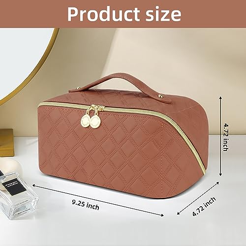 Ineowelly Makeup Bag, Large Capacity Travel Cosmetic Bag for Women, PU Leather Makeup Travel Bag Waterproof, Multifunctional Toiletry Bag with Portable Handle & Layered (Brown)