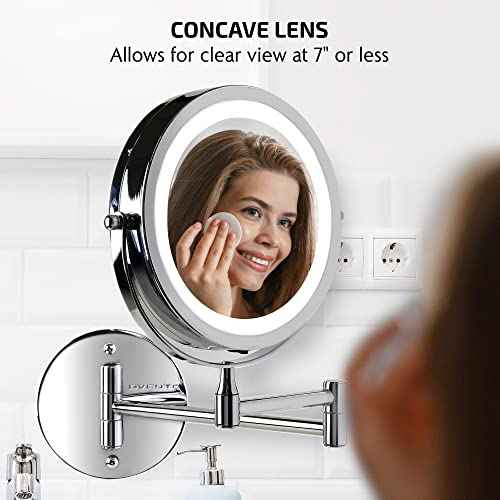 OVENTE Wall Mounted Lighted Makeup Mirror, 7" Double Sided 1X/10X Magnifying Vanity Mirror for Bathroom with LED Lights, Cordless, 360¡Æ Rotation and 13" Extendable Arm, Polished Chrome MFW70CH1X10X