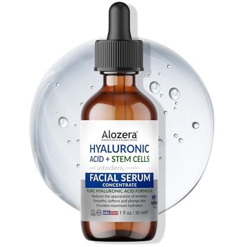 Alozera Pure Hyaluronic Acid Serum with Stem Cells for Face & Neck, Deep Hydration Facial Moisturizer for Plumper & Smoother Skin, Concentrated Anti-Aging Serum, Day & Night