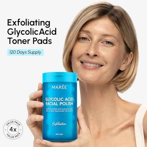 MAREE Glycolic Acid Pads ? 200 Toner Pads for Face Cleansing ? Facial Exfoliating Pad with Tea Tree Oil, Salicylic Acid & Vitamins E, B3, B5 ? Acne Clearing Face Pad, Skin Pore Resurfacing & Radiance