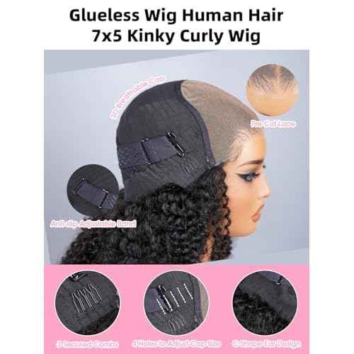 Glueless Wigs Human Hair Pre Plucked Pre Cut 18 Inch 7x5 Kinky Curly Lace Front 180% Density Glueless Wigs Human Hair for Women Wear and Go Closure Wig with Breathable Cap Natural Hairline