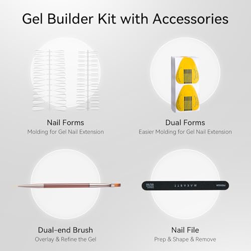 Makartt Clear Gel Builder Kit: Self-Levelling, Long Lasting Extension Hard Gels for Strengthener, Broken Nails Repair Gel Kit with Paper Forms, Dual forms, Nail File and Dual-End Brush 1.06 oz
