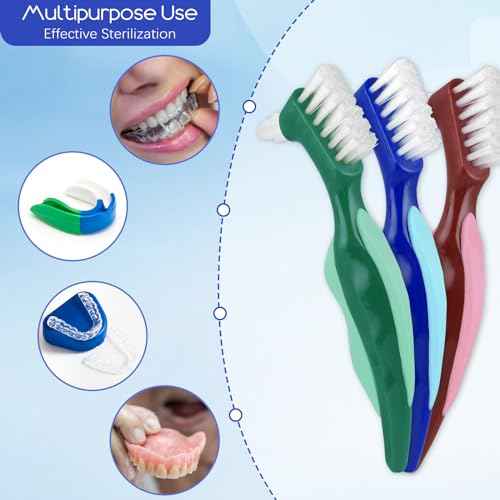 3 Pcs Hard Denture Brush, 3 Colors Premium Hygiene Denture Cleaning Brush for Denture Care, Double Sided Toothbrush with Multi-Layered Bristles & Rubber Anti-Slip Handle