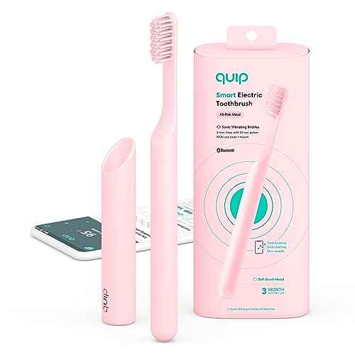 Quip Smart Sonic Toothbrush for Adults - Timed Electric Toothbrush with Bluetooth & Rewards App - Replaceable Brush Head, Soft Bristles, Metal Handle, 3 Month Battery Life - Travel Brush - All-Pink