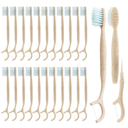 Travel Toothbrush Dental Floss Picks - 4 in 1 Biodegradable Disposable Toothbrushes with Tongue Scraper, Eco-Friendly Individually Wrapped Toothbrush for Adult Kids Travel Oral Care, 40 Pack