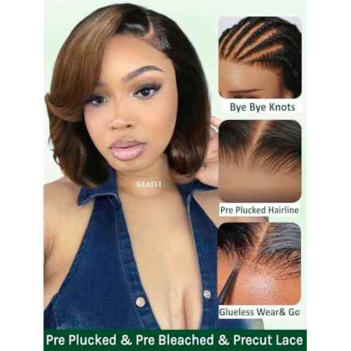 KLAIYI Ombre Brown Layered Bob Wig Human Hair Bye Bye Knots Glueless Wigs Pre Cut 7x5 Lace Front Pre Plucked Bleached Drawstring Ready to Wear and Go Wig with Dark Roots Chestnut Brown Straight 12Inch
