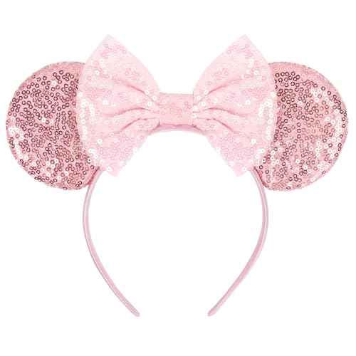 WOVOWOVO Mouse Ears Headbands for Women Sparkle Pink Bow Mouse Ears Hairbands Halloween Christmas Birthdays Princess Party Hair Accessories