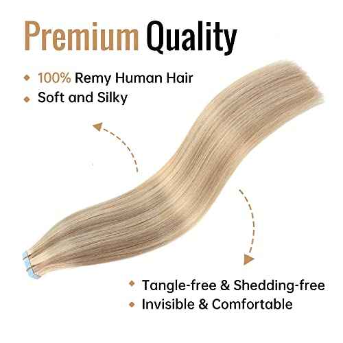 JESSBO Tape in Hair Extensions Human Hair Ash Blonde Highlighted Bleach Blonde 24 inch 20pcs 50g/pack Straight Seamless Skin Weft 100% Real Human Hair (24 Inch #P18/613)