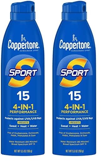 Coppertone Sport Sunscreen Spray, Broad Spectrum SPF 15 Water Resistant Spray Sunscreen, 5.5 Oz (Pack of 2)