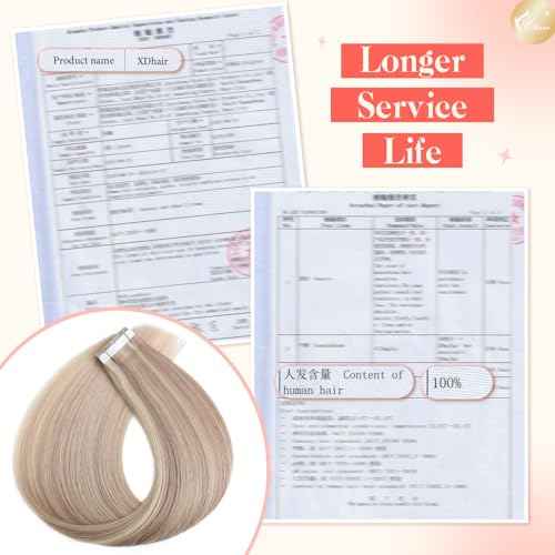 XDhair Tape in Hair Extensions Human Hair 50g 20pcs 18 Inch Color 18/613 Ash Blonde Highlight with Bleach Blonde Invisible Hair Extensions Tape in for Women(18P613,18Inch£©