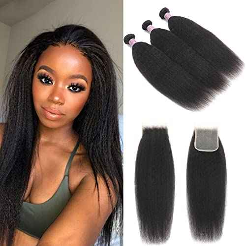 Kinky Straight Human Hair 3 Bundles With 4x4 Lace Closure Free Part 100% Unprocessed Brazilian Remy Yaki Straight Human Hair Extensions With Closure,Natural Black (12 12 12+10Closure)