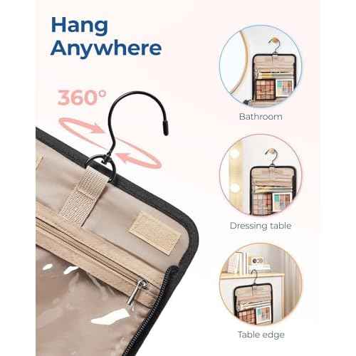 BAGSMART Makeup Bag for Women with Hanging Hook, Large Portable Capacity Water-resistant Organizer Travel Case for Toiletries and Cosmetics, Blue