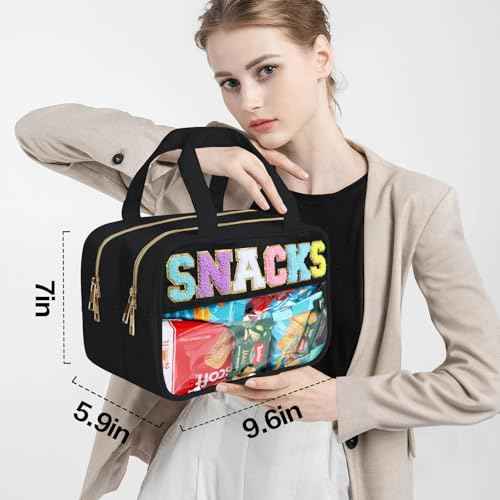 Chenille Letter Snack Bags Clear Makeup Bag, Preppy Clear Large Cosmetic Bag with Zipper, Waterproof Stuff Bag Travel Toiletry Bag Cosmetic Pouch for Women Girls (Black-SNACKS)