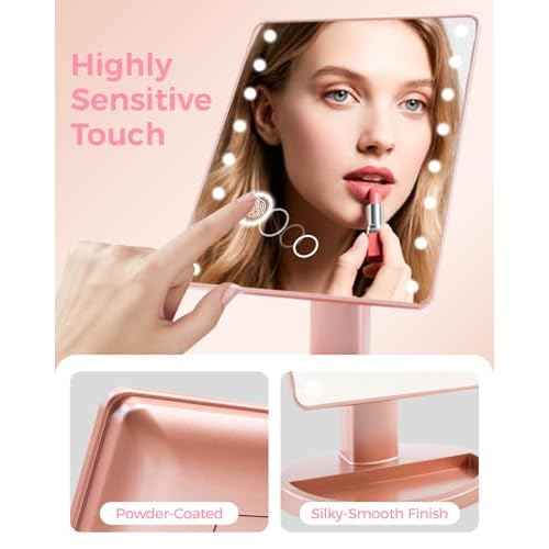 Christmas Lighted Makeup Mirror with Lights, Pink Vanity Mirror with Lights, 16 LEDS Dimmable Desk Mirror, Dual Power Supply, Present Gifts for Teenage Girls, Rose Gold Dorm Room Essentials