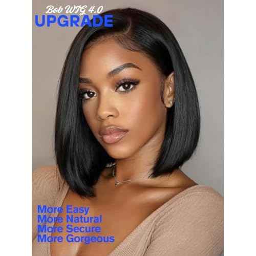 Nadula Bye Bye Knots Glueless Straight Bob Drawstring Wig Human Hair Pre Plucked, Pre Cut 7x5 HD Lace Front Wigs Invisible Bleached Knots Ready to Wear Pre Everything Short Bob Wig 150% Density 12inch
