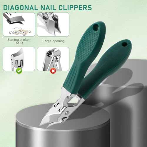 Eagle Beak Beveled Nail Clippers, 3-Piece Set of Upgrade Stainless Steel Wide Jaw Opening Anti-Splash Nail Clipper, Long Handle Angled Head Toenail Clipper for Ingrown & Thick Toenails for Men Women