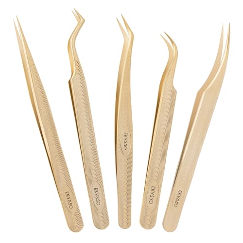 Lash Tweezers for Eyelash Extension, Professional Lash Extension Tweezer Set, High Precision Eyelash Tweezers for Volume Eyelash Extensions (Gold, 5PCS Set)