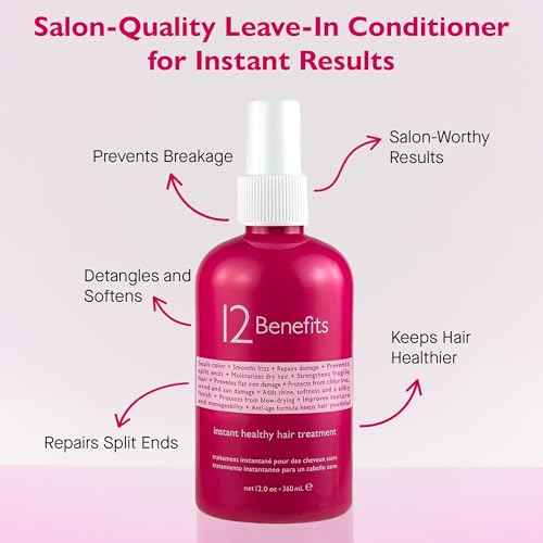 12 Benefits Instant Healthy Hair Treatment - Leave In Conditioner Spray with Quaternium 39 and Silk Fibre Protein - Smooths Frizz, Strengthens & Repairs Damaged Hair - (12 Fl Oz)