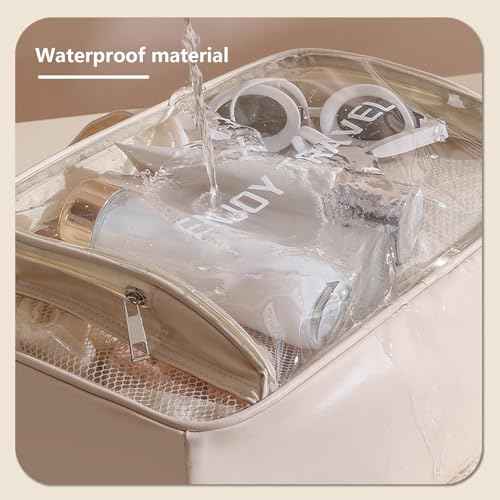 Travel Toiletry Bag for Women and Men, Beach Bag Waterproof Sandproof, Large Clear Tote for Gym Pool Beach Summer Vacation (Beige)