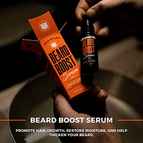 Wild Willies Beard Grooming Kit - Beard Growth Serum, Boar Bristle Brush, Supplement, and Travel Bag