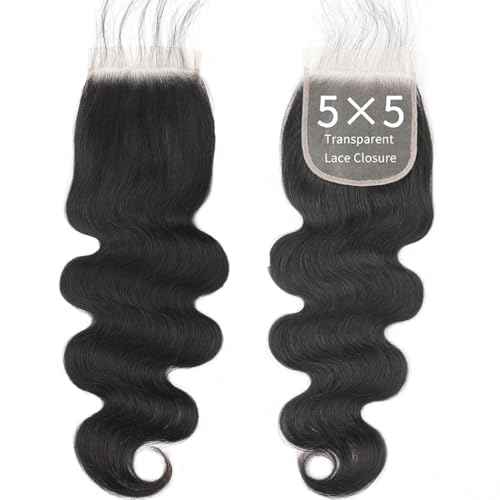 5x5 HD Transparent Closure Body Wave Human Hair Lace Closure Skinlike Brazilian 5x5 Closure 20inch Virgin Body Wave 100% Real Human Hair Free Part Closure Pre Plucked Natural Black Glueless