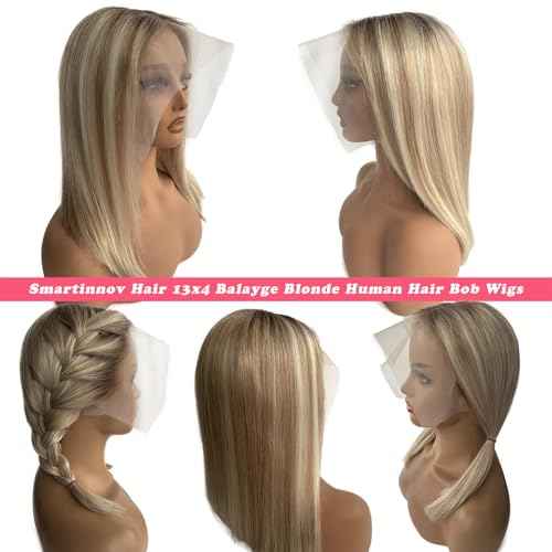 Smartinnov Blonde Balayage Human Hair Bob Wig 13x4 Lace Front HD Transparent Short Blunt Cut Bob Wigs 8 Inch Ash Brown to Bleached Blonde Highlight Pre Plucked with Baby Hair for Women