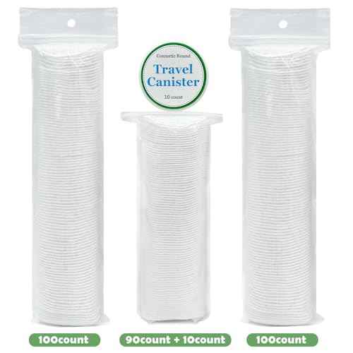 TL Care Cotton Rounds (300 Count) with Travel Canister - Lint-Free, Ultra Soft & Absorbent 3-Layer Cotton Pads for Face and Makeup Removal