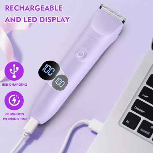 Bikini Trimmer for Women, 3 in 1 Electric Razors for Women, Waterproof Pubic Hair Trimmer and Facial Hair Remover, Rechargeable Electric Shaver for Underarm Leg Arm Body with LED Display