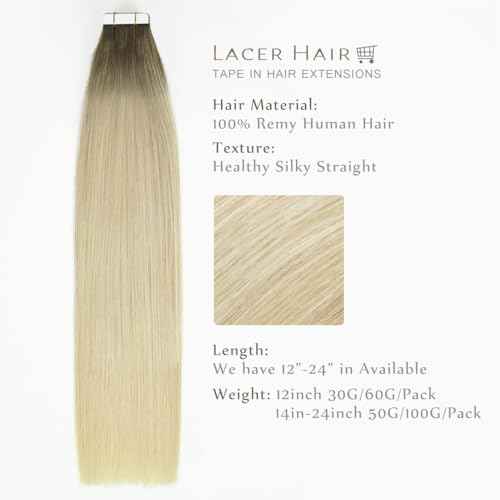 Lacer Natural Tape In Extensions Human Hair Light Ash Brown Roots Light Platinum Blonde Hair Extensions Straight Human Hair Tape In Extensions Skin Weft Tape Extensions Human Hair 16inch 40Pcs 100G