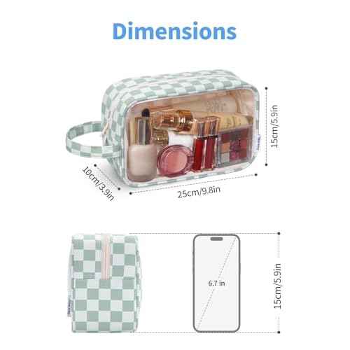 Narwey Clear Toiletry Bags for Traveling Women Men, Clear Travel Bags for Toiletries Makeup Bag Cosmetic Bag with Zipper, Make Up Organizer, Skincare Bag (Mint Green Checkerboard)