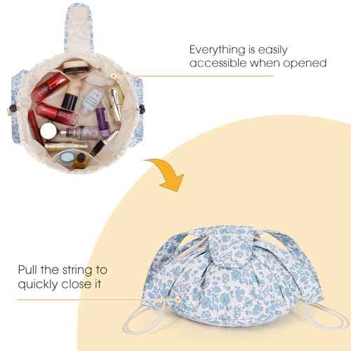 Narwey Barrel Drawstring Makeup Bag Large Floral Cosmetic Bag Make up Bags Toiletry Bag Travel Bags for Toiletries Organizer for Women Gift for Teen Girls (Little Blue Flower) (Patent)
