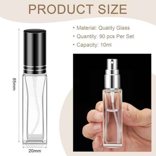 Domensi 90 Pcs 10 ml Empty Glass Perfume Bottles Bulk - Gold,Silver,Black Refillable Cologne Spray Atomizer with Pump, for Travel, Skincare, Haircare, Cleaning & DIY Essentials