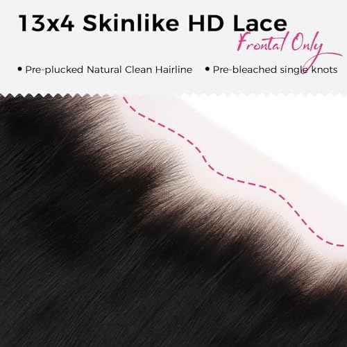 Lashey 13x4 SKINLIKE HD Lace Frontal, 0.10mm Ultra-Thin Invisible Real HD Frontal Pre Bleached Knots Pre Plucked Hairline Straight Human Hair 14 Inch Natural Black