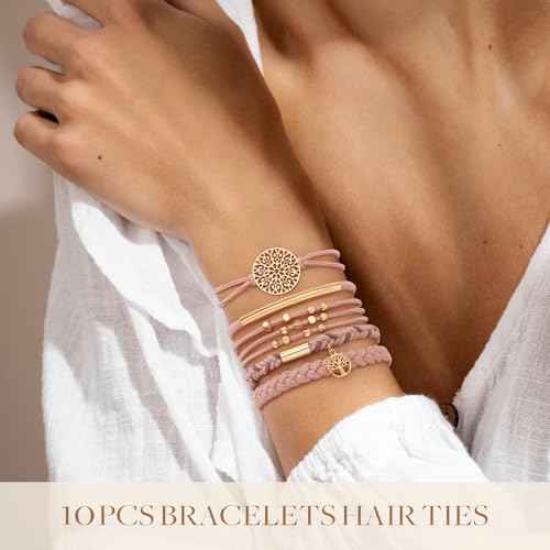 10 PCS Boho Hair Ties - No-Damage, Stretch Bracelets for Thick & Thin Hair, 5 Styles, Pink