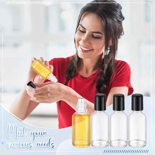 Sumind 12 Pcs 30ml Roller Glass Bottle Essential Oil with Stainless Steel Refillable Sample Container Brown Empty Roller Bottle Applicator with Funnel Sticker for Travel(Clear)