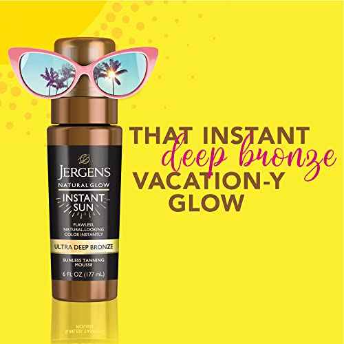 Jergens Natural Glow Instant Sun Body Mousse, Self Tanner for Ultra Deep Bronze Tan, Sunless Tanning Body Bronzer, Natural Looking Fake Tan, 6 Oz