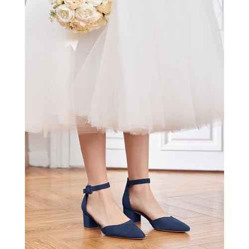 LAICIGO Women's Pointed Toe Pumps Ankle Strap Buckle Chunky Block Heel Dress D'Orsay Shoes