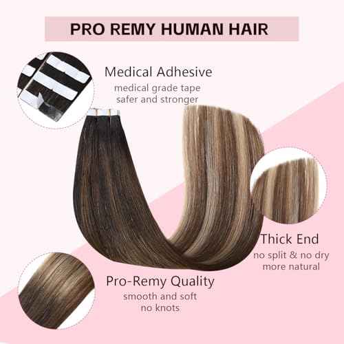 Invisible Tape in Hair Extensions Human Hair 3rd-Generation #1b/4/27 Natural Black to Chocolate Brown and Caramel Blonde 20pcs 50g 22inch Invisi Edge Tape ins Extensions(#1b/4/27a-22inch)