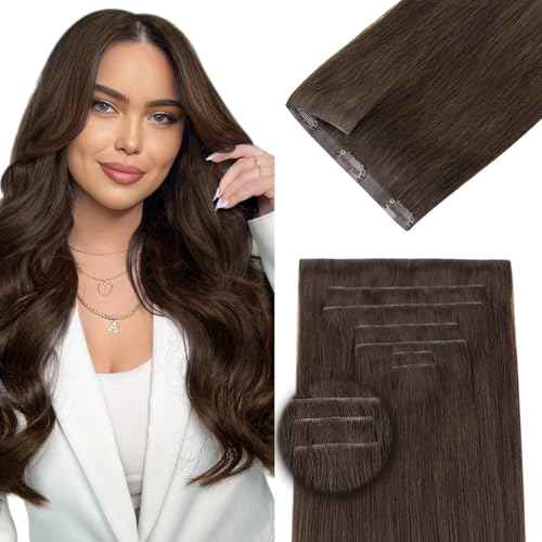 DOORES Clip in Hair Extensions Real Human Hair 14 inch 110g 7pcs Invisible Human Hair Extensions Clip ins, Injected Seamless PU Clipins Virgin Invisi Edge Natural Straight, 4A Chocolate Brown